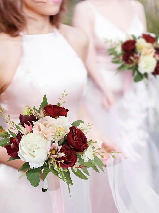 Rinlong 1Pc Fall Wedding Bouquets for Bridesmaids Burgundy Artificial Bridesmaid Bouquet for Wedding Prom
