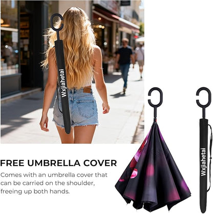 Inverted Umbrella, 49 Inch Double-Layer Vented Reverse Umbrella, Windproof Waterproof UV Protection, Lightweight C-Handle, Fiberglass Ribs, Steel Shaft, Travel/Commute/Car Use, With Sleeve