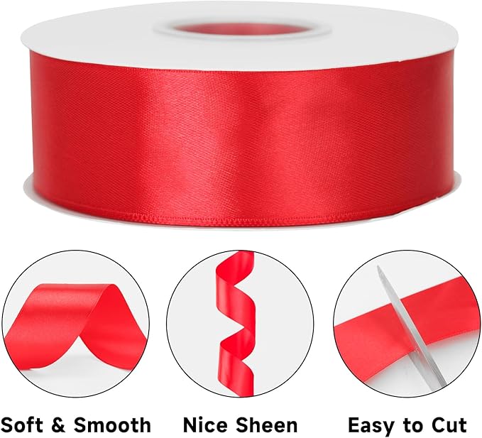 KINGLAKE Red Satin Ribbon 1 1/2 inch x 50 Yards - Polyester Silk Hair Ribbons, Fabric Red Ribbon for Gift Wrapping, Crafts Bows, Floral Bouquets, Wedding Christmas Valentines Day