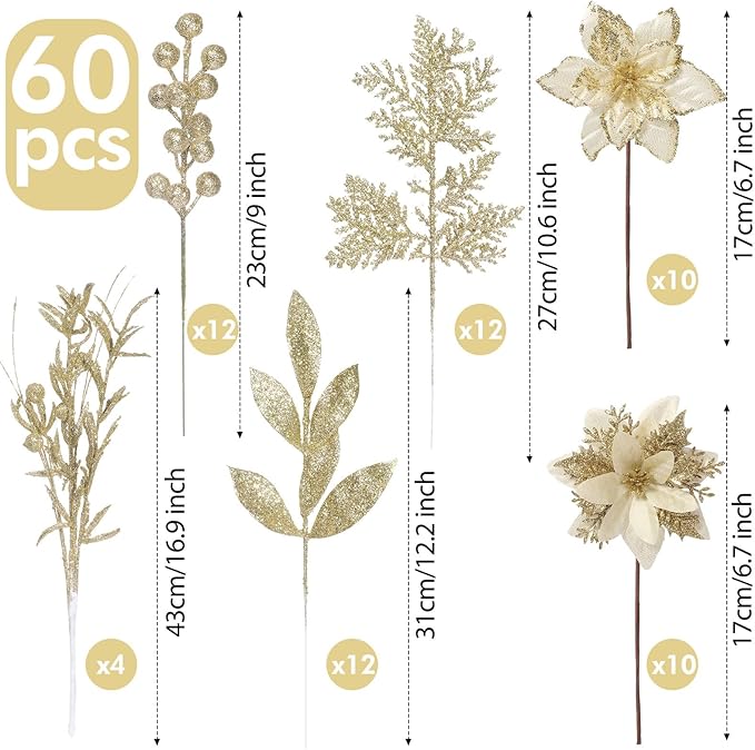 60 Pcs Christmas Glitter Branches 6 Styles Artificial Christmas Picks Berries Stems Poinsettia Flowers Pine Needles Floral Twig Spray for Xmas Tree Ornaments DIY Wreath Garland(Gold)