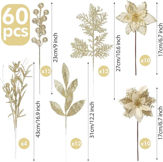 60 Pcs Christmas Glitter Branches 6 Styles Artificial Christmas Picks Berries Stems Poinsettia Flowers Pine Needles Floral Twig Spray for Xmas Tree Ornaments DIY Wreath Garland(Gold)