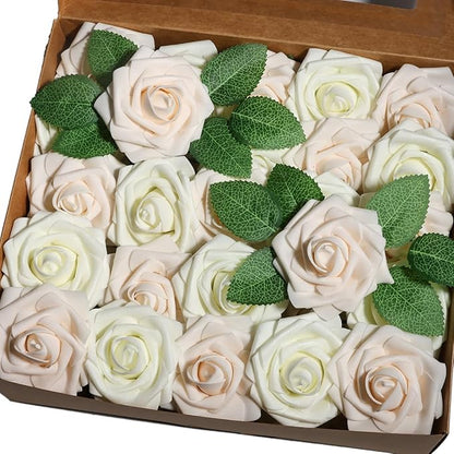 50pcs Artificial Flower，Real Touch Foam Roses w/Stem DIY for Wedding Bouquet Centerpieces Party Shower Home Decor-Ivory Cream