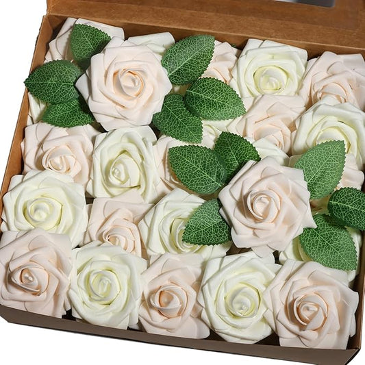 50pcs Artificial Flower，Real Touch Foam Roses w/Stem DIY for Wedding Bouquet Centerpieces Party Shower Home Decor-Ivory Cream