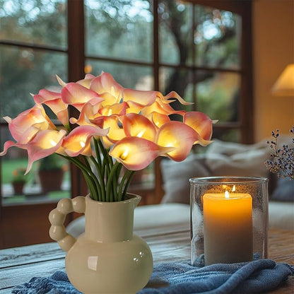 20pcs Lighted Artificial Calla Lily Bouquet Lamp Faux Floarl Night Light Real Touch Flower Night Lamp LED Calla Lily lighted Artificial Flower for Holiday Gifts Home Kitchen Decor(Light Pink)