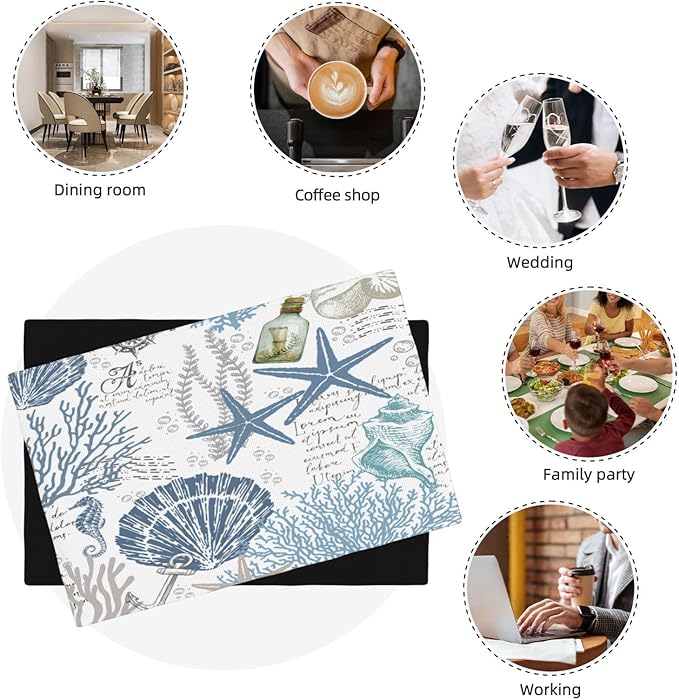 Nautical Placemats Set of 4,Summer Starfish Beach Theme Ocean Seashell,Blue Coastal Linen Fabric Table Mats for Home Kitchen Dining Party Decor 4 PCS