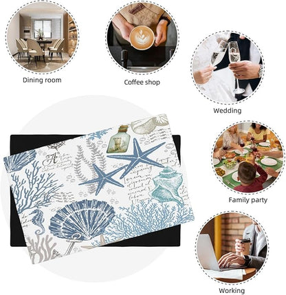Nautical Placemats Set of 4,Summer Starfish Beach Theme Ocean Seashell,Blue Coastal Linen Fabric Table Mats for Home Kitchen Dining Party Decor 4 PCS