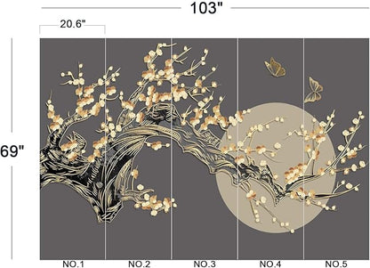 Golden Branches Butterflies Moon Wall Mural Wallpaper for Bedroom 103" x 69"