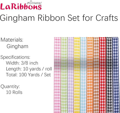 LaRibbons 10 Color 100 Yards Gingham Ribbon Variety Pack, 3/8" X 10 Yards/Roll Assorted Spring Easter Plaid Ribbon for Crafts, Gift Wrapping, Hair Bows, Birthday, Babyshower Decoration