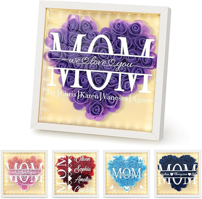 Mom We Love You - Personalized Flower Shadow Box with Names, Christmas Mothers Day Flower Box Gifts for Mom (Style 3-Box with Led)