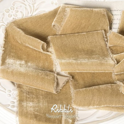 Ribbli Light Champagne Velvet Ribbon 3 Inch Handmade Frayed Vintage Christmas Ribbon for Gift Wrapping Christmas Tree Ornament Wreath Craft Home Decor-3 Yards