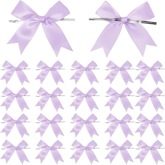 50 Counts Lilac Twist Tie Bows 3.1" Pre-Tied Satin Ribbon Bow Decor Mini Twist Tie Bows for Gift Wrapping Treat Bags Cake Bridal Baby Shower Birthday Party Favors Wedding Decorations