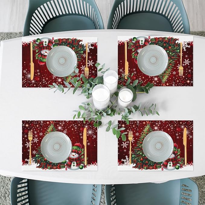 Xmas Christmas Tree Snowman Red Placemats Set of 6 PVC Vinyl Non Slip Table Mats Heat Resistant Place Mats Washable Wipeable Dining Table Mat for Kitchen Decor Party Indoor Outdoor Decorative Gift