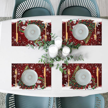 Xmas Christmas Tree Snowman Red Placemats Set of 6 PVC Vinyl Non Slip Table Mats Heat Resistant Place Mats Washable Wipeable Dining Table Mat for Kitchen Decor Party Indoor Outdoor Decorative Gift