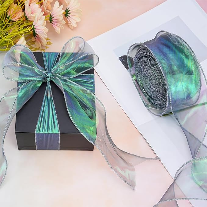 Iridescent Green Sheer Chiffon Ribbon – 2.4" Wide x 40 Yards – Perfect for Christmas Gift Wrapping, Floral Bouquets, Wedding Decor & DIY Crafts