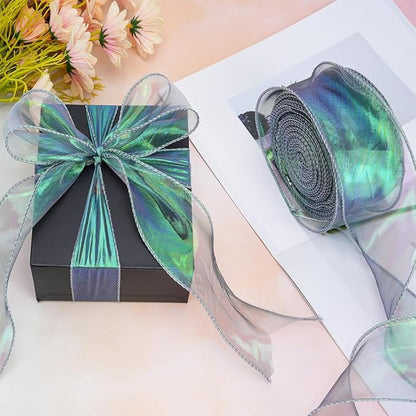 Iridescent Green Sheer Chiffon Ribbon – 2.4" Wide x 40 Yards – Perfect for Christmas Gift Wrapping, Floral Bouquets, Wedding Decor & DIY Crafts