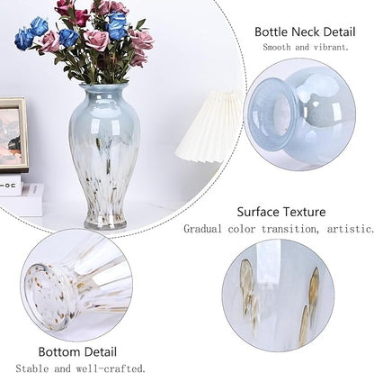 Hand Blown Glass Vase 11.8" Tall Beautiful Blue White Sea Wide Mouth Bud Vase for Table Centerpiece, Painted Colorful Murano Glass Flower Vases for - Home Entrance Wedding Center