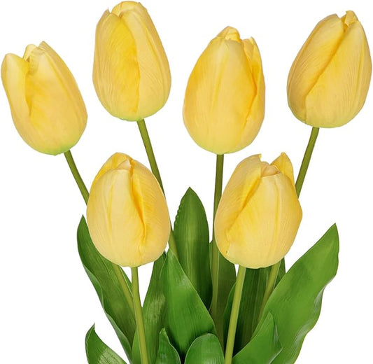 6PCS 23" Fake Tulip Flowers Artificial Yellow Tulips Long Stem Faux Flower, Silk Flower Décor for Floral Arrangement Home Farmhouse Wedding Decoration