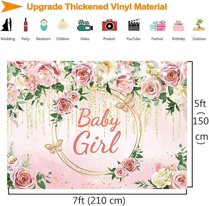 InMemory Pink Rose Baby Girl Baby Shower Backdrop Banner Decorations for Girl,Pink Floral It's a Girl Banner Photography Background for Sweet Girls Baby Shower Party Supplies Photo Booth Props 7x5ft