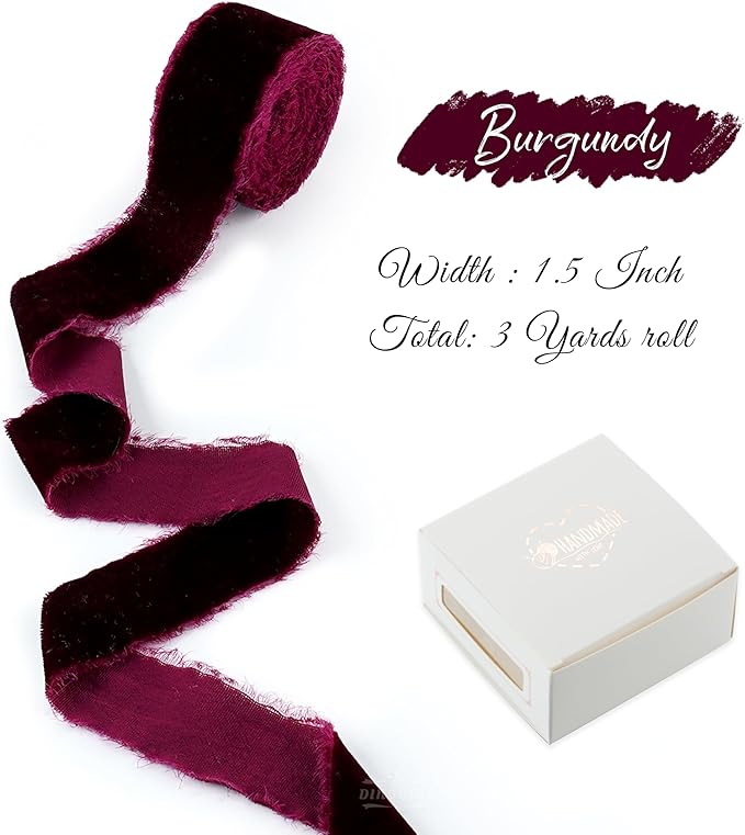 Burgundy Velvet Ribbon 1.5 Inch Maroon Frayed Silk Velvet Ribbon Burgundy Christmas Velvet for Gift, Raw Edge Boho Stylel for Wedding Invitation Bridal Bouquet -3yards