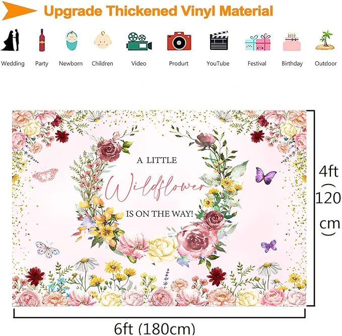 InMemory Wildflower Baby Shower Backdrop Pink Floral Party Decorations for Girls,A Little Wildflower is On The Way Banner Background Wild flower Theme Baby Shower Party Supplies Photobooth Props 6x4ft