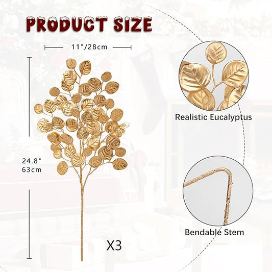 Hollyone 24.8” Christmas Tree Picks and Sprays 3Pcs Golden Artificial Eucalyptus Stems Eucalyptus Silver Dollar Leaves Branches Fake Gold Leaf Floral for Xmas Tree Garland Wreath Wedding Decor