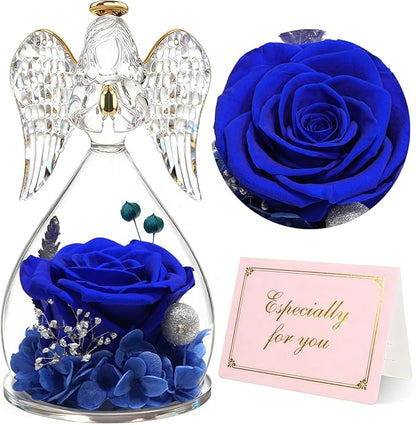 Yamonic Mom Birthday Gifts for Mom, Angel Figurines with Real Rose Gifts for Her Mom Grandma,Preserved Flowers Rose Angel Figurines for Mothers Day Christmas Anniversary Birthday Gifts for Her (Blue)