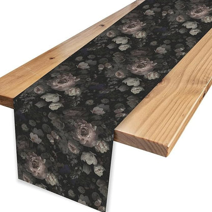 Gothic Floral Table Runner, Black Pink Rose Boho Vintage Art Print Linen Table Center Decor Family Kitchen Outdoor Farmhouse Holiday Party Table Decorations 13x36 inch