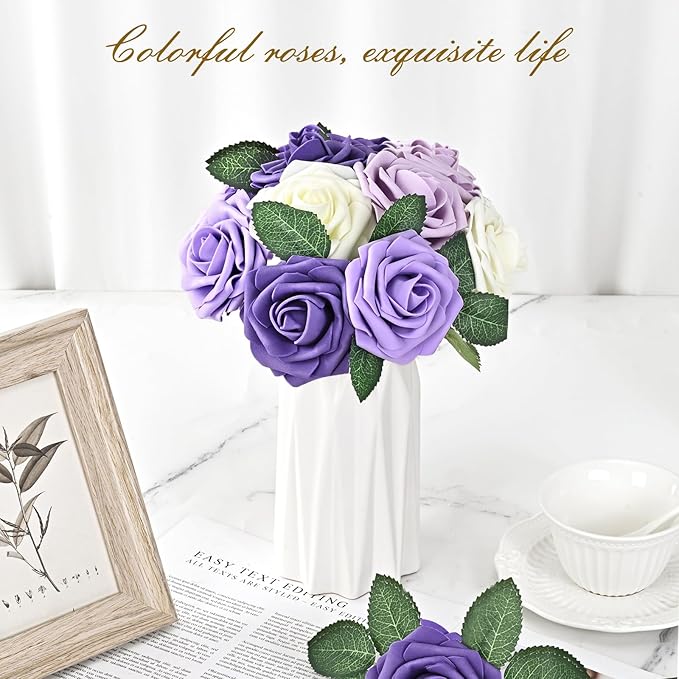 BLEUM CADE 16Pcs Artificial Flowers Fake Roses with Stems, Gradient Purple Boxed Foam Roses for DIY Bouquets Centerpieces Wedding Party Arrangement Bridal Shower Decor
