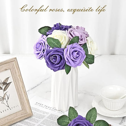BLEUM CADE 16Pcs Artificial Flowers Fake Roses with Stems, Gradient Purple Boxed Foam Roses for DIY Bouquets Centerpieces Wedding Party Arrangement Bridal Shower Decor