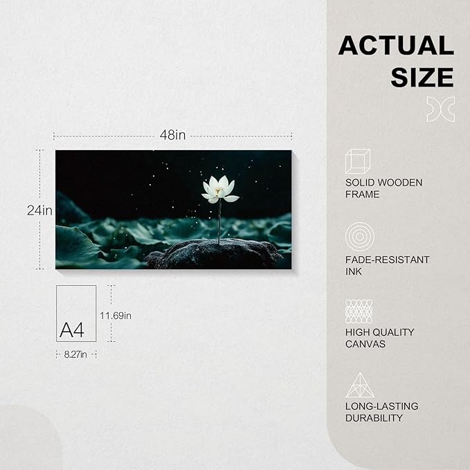 Iallbin Buddha Wall Art & Zen Wall Decor, White Lotus on Water Canvas Painting - for Yoga Meditation Room, Spa & Bathroom, Blue Art Deco Style, 48x24 Inches