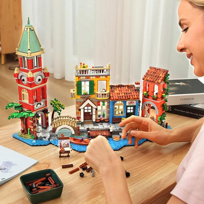 Venice Main Street Building Set for Adults, 2155 PCS City House Building Block Kit with Light Flower Shop Pizzeria, Christmas Home Decor Architecture Model Gift for Women Men Teen Girl 10+