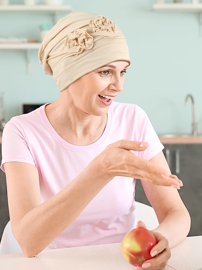 JenPen 6 Pcs Chemo Headwear for Women Stretchy Soft Turbans for Cancer Solid Beanie Flower Chemo Caps for Hair Loss