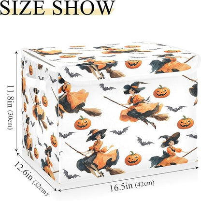 Halloween Baskets Collapsible Storage Bins with Lids, Witch Pumpkin Bat Pattern Storage Boxes Clothes Baskets for Organizing