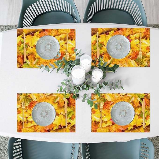 Autumn Maple Leaf Fall Placemats Set of 6 PVC Vinyl Non Slip Table Mats Heat Resistant Place Mats Washable Wipeable Dining Table Mat for Kitchen Decor Party Indoor Outdoor Decorative Gift