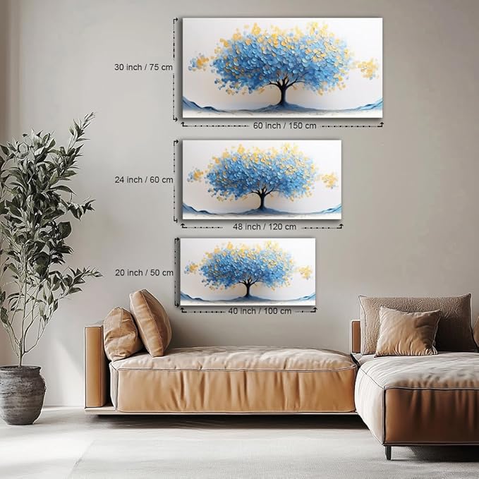 LAVIKARS Modern Tree of Life Wall Art for Living Room Office Navy Blue and Yellow Floral Abstract Landscape Canvas Painting Prints Large Nature Artwork Home Kitchen Bedroom Decor (20x40 Inches)