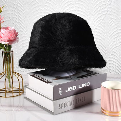 Winter Soft Faux Fur Plush Bucket Hat, Lovely Fisherman Cap, Fashion Outdoor Thick Warm Sun Cap for Women