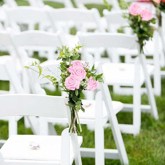 IPOPU Artificial Rose Flower Heads, 100pcs Real Looking Light Pink Foam Fake Roses for DIY Wedding Baby Shower Centerpieces Arrangements Party Tables Home Decorations (Light Pink, Stemless)