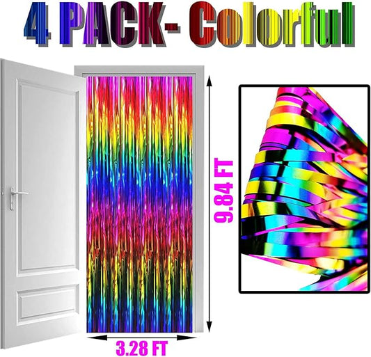 4 Pack Rainbow Tinsel Foil Fringe Curtain Backdrop, 3.28Ft x 8.2Ft Colorful Metallic Streamers for Photo Booth Props Wedding Bridal Shower Bachelorette Birthday Halloween Christmas Party Decoration