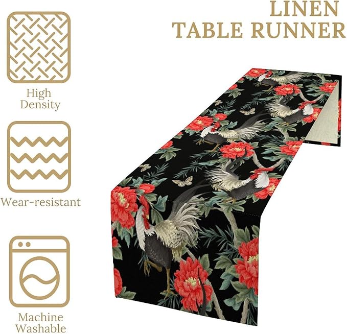 Rooster Floral Table Runner Vintage Farm Chicken Peonies Flower Dinner Runner for Country Farmhouse Home Kitchen Dinner Table Holiday Party Decoration 13x70in