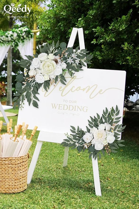 Wedding Arch Flowers Set of 2, Artificial Wisteria & Greenery Garland for Wedding Ceremony Backdrop, Wedding Floral Arrangement for Arch, Photo Booth & Reception Decor (White)