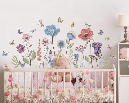 Flower Wall Decals Wildflower Grass Wall Stickers Vintage Floral Butterflies Dragonfly Wall Art Sticker Peel and Stick Bedroom Nursery Wall Decor