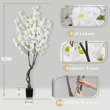 6.23ft Tall White Artificial Cherry Blossom Trees, Realistic Flower Faux Silk Leaves Plant, Fake Cherry Blossom Tree for Home Office Indoor Outdoor Party Wedding Christmas Decor