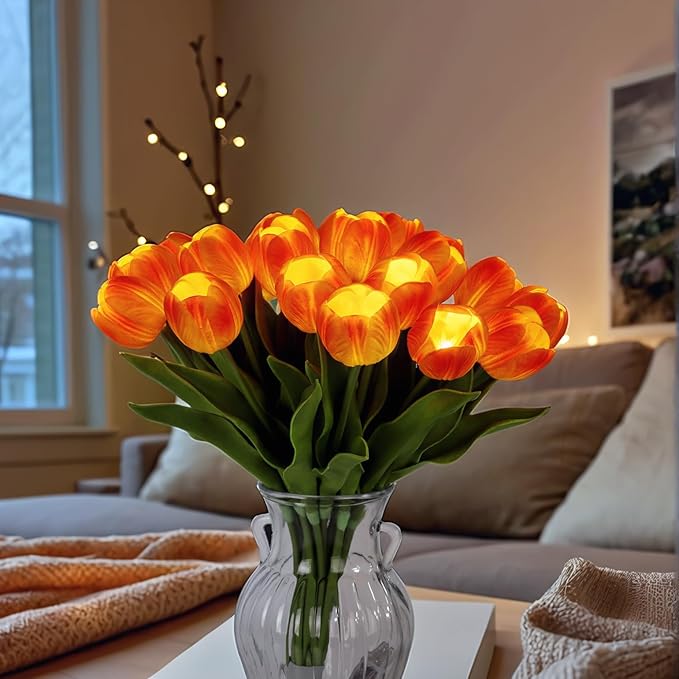 LED Lighted Artificial Tulip Lamp, Real Touch Tulip Flowers, 15 Inch Faux Tulip Bouquet with Battery Operated Lights for Gifts, Home Kitchedn Wedding Decor (Orange)