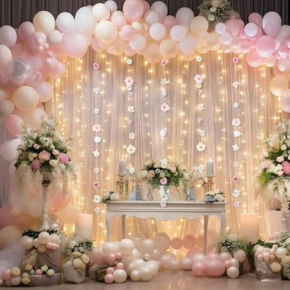 8 Pcs Hanging Flower Garlands White Tulle Backdrop Curtain 10×8ft Sheer Backdrop Curtains Artificial Rose Flowers Hanging Decorations for Birthday Valentines Engagement Wedding Anniversary