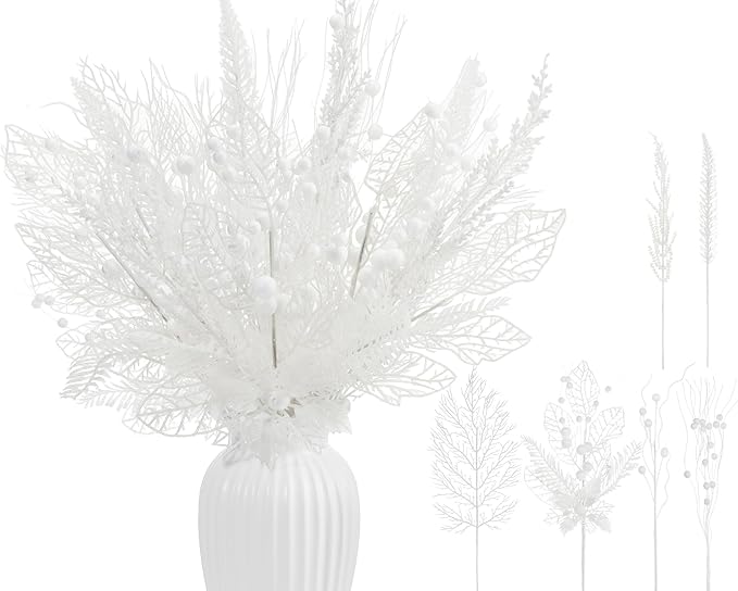 30 Pcs Artificial Christmas Tree Picks and Sprays Glitter Berry Stem Branches Holly Floral Picks Twigs Christmas Tree Ornaments for DIY Xmas Wreath Vase Filler Decorations(White)
