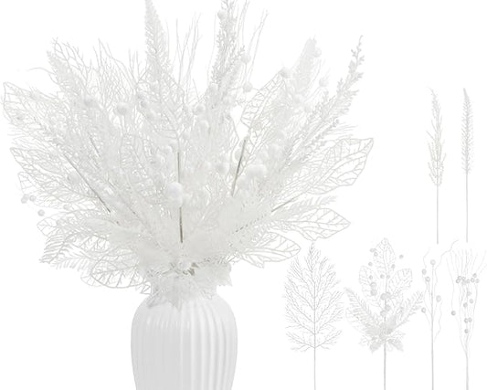 30 Pcs Artificial Christmas Tree Picks and Sprays Glitter Berry Stem Branches Holly Floral Picks Twigs Christmas Tree Ornaments for DIY Xmas Wreath Vase Filler Decorations(White)