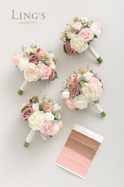 Ling's moment Artificial Flowers Pink Bridesmaid Bouquet Set of 4, Dusty Rose Wedding Flowers Bouquets for Bridesmaids, 7 Inch Bridal Bouquets for Bridesmaids, Wedding, Ceremony, Anniversary, etc