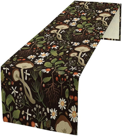 Vintage Mushroom Table Runner Rustic Garden Wildflower Botanical Plants Herbs Spring Summer Seasonal Black Dinner Runner for Kitchen Dining Cabin Home Holiday Party 13x108in