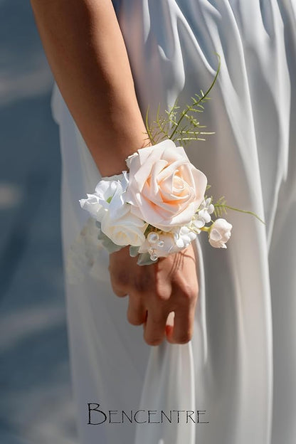 Blush Corsage for Wedding(Set of 6),Wrist Corsage for Woman,for Prom,Party Prom Hand Flower Decor,Mother of The Bride Corsage