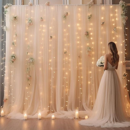 10ft x 10ft Champagne Backdrop Curtain with Lights String for Parties, Sheer Wedding Photo Backdrops Drapes for Baby Shower Birthday Party Decorations Background for Photography
